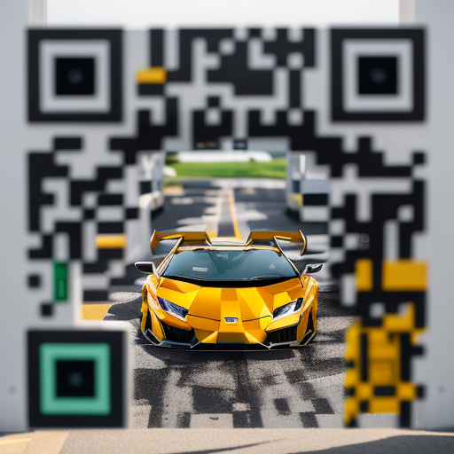 A QR code that looks like a yellow and black Lamborghini driving on a road