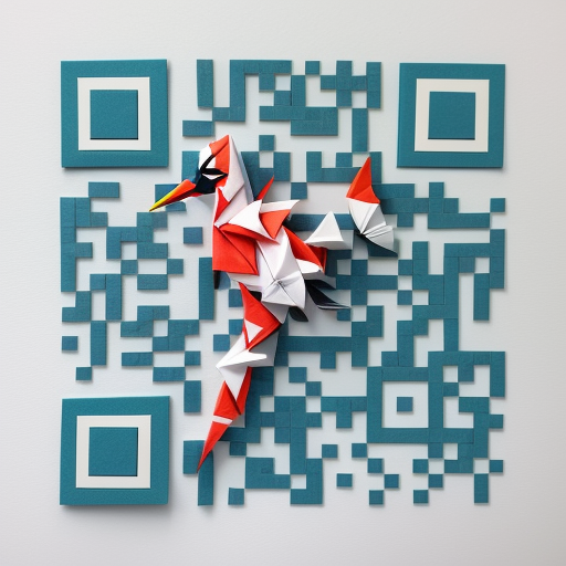 A QR code made of teal origami paper with a red and white origami bird in the middle