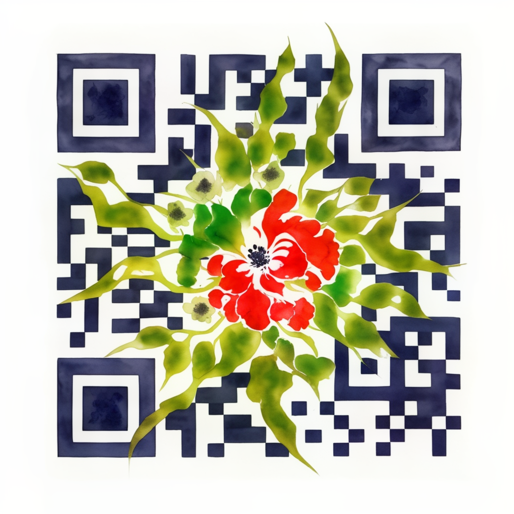 A QR code that looks like a red flower painted in ink